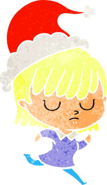 Bir insan tarafından çizilmiş Noel Baba şapkası giyen bir kadının el çizimi karikatürü.