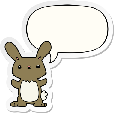 Bir insan tarafından çizilmiş baloncuk çıkartmalı şirin çizgi film tavşanı.