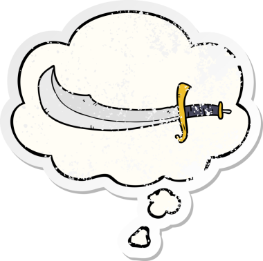 Düşünce baloncuğu olan karikatür Scimitar, bir insan tarafından çizilmiş yıpranmış bir çıkartma.