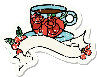 Bir fincan sancağıyla eski bir etiket ve bir insan tarafından çizilmiş çiçekler.