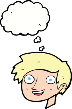 Bir insan tarafından çizilmiş düşünce baloncuklu mutlu çocuk yüzü.