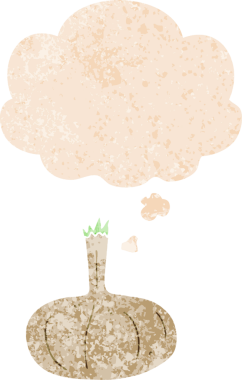 Düşünce baloncuklu çizgi film soğanı grunge sıkıntılı retro desenli bir insan tarafından çizilmiş