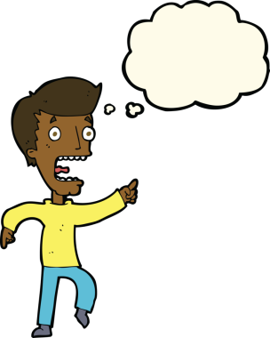 Bir insan tarafından çizilmiş düşünce baloncuğuyla dehşete düşmüş bir adam.