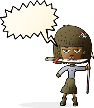 Bıçaklı, zıpkınlı, baloncuklu çizgi film kadını bir insan tarafından çizilmiş.