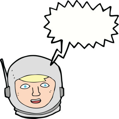 Bir insan tarafından çizilmiş konuşma balonlu astronot kafası.