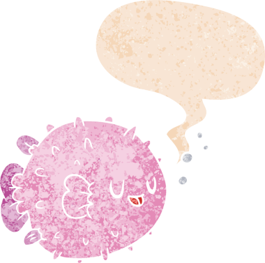 grunge 'da konuşma baloncuğu olan balon balığı çizgi film karakteri bir insan tarafından çizilmiş.