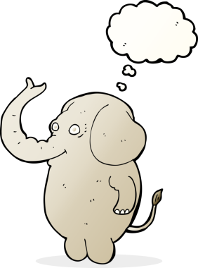 Bir insan tarafından çizilmiş düşünce baloncuklu komik bir fil.