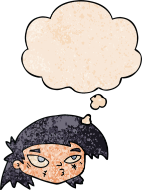 Çizgi film, insan tarafından çizilmiş grunge desenli düşünce baloncuğuyla yüzünü çizmiş.