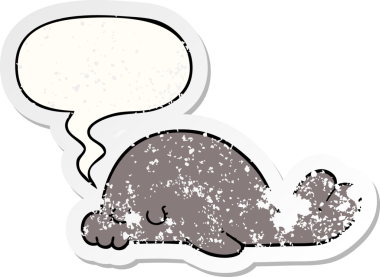 Konuşma baloncuklu karikatür mührü bir insan tarafından çizilmiş sıkıntılı eski bir çıkartma