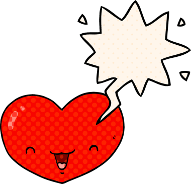 Çizgi roman tarzında bir insan tarafından çizilmiş konuşma balonlu kalp karakteri.