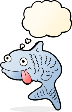 Bir insan tarafından çizilmiş düşünce baloncuklu çizgi film balığı.
