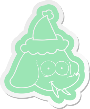 Bir insan tarafından çizilmiş Noel Baba şapkası giyen fil suratlı garip bir karikatür çıkartması.