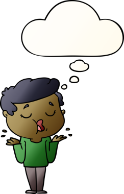 Çizgi filmdeki adam konuşuyor ve omuzlarını silkiyor. Düşünce baloncuğuyla bir insan tarafından çizilmiş gibi.