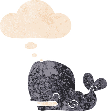 Düşünce baloncuklu çizgi film balinası grunge sıkıntılı retro dokulu bir insan tarafından çizilmiş