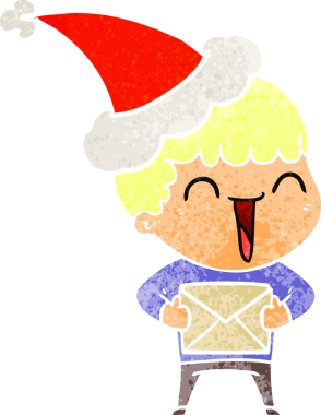 Bir insan tarafından çizilmiş Noel Baba şapkası giyen mutlu bir adamın el çizimi karikatürü.