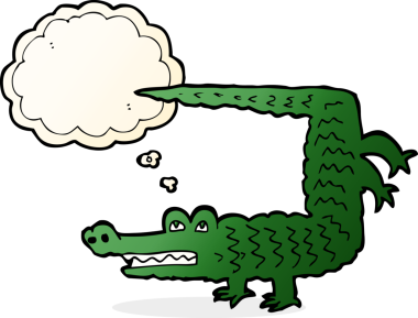 Bir insan tarafından çizilmiş düşünce baloncuklu timsah çizgi filmi.