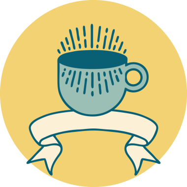 Bir insan tarafından çizilmiş bir fincan kahve sancağıyla dövme stili simgesi