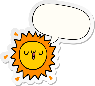 Bir insan tarafından çizilmiş balon çıkartmalı karikatür güneşi.