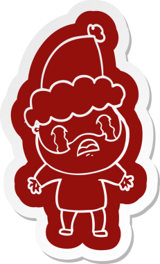 Bir insan tarafından çizilmiş Noel Baba şapkasıyla ağlayan sakallı bir adamın garip çizgi film çıkartması.