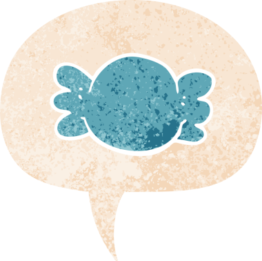 Şekerleme paketlenmiş, konuşma baloncuğu olan bir çizgi film. Bir insan tarafından çizilmiş, sıkıntılı, eski moda bir stil.