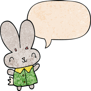 Sevimli çizgi film küçük tavşan konuşma baloncuğu ile retro doku bir insan tarafından çizilmiş