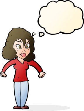 Bir insan tarafından çizilmiş düşünce baloncuğuyla omuz silken çizgi film kadını.