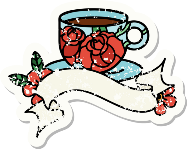 Bir fincan sancağıyla eski bir etiket ve bir insan tarafından çizilmiş çiçekler.