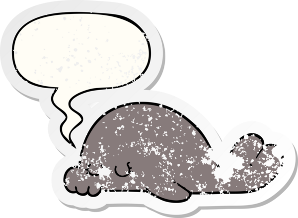 Konuşma baloncuklu karikatür mührü bir insan tarafından çizilmiş sıkıntılı eski bir çıkartma