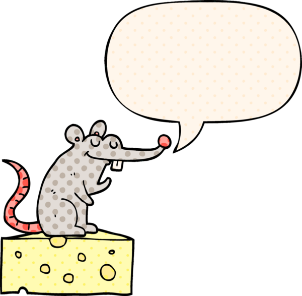 Çizgi roman tarzında bir insan tarafından çizilmiş peynirin üzerinde oturan çizgi roman faresi.