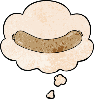Düşünce baloncuklu çizgi film sosisi. Bir insan tarafından çizilmiş grunge desen tarzı.