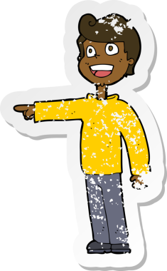 Bir insan tarafından çizilmiş, gülen ve işaret eden bir çizgi film karakterinin gerilemiş retro yapıştırması.