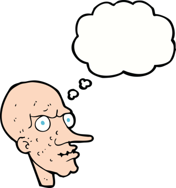 Düşünce baloncuğu insan tarafından çizilmiş kötü yaşlı adam çizgi filmi.