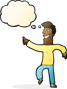 Bir insan tarafından çizilmiş düşünce baloncuğu ile sırıtan çizgi film adamı.