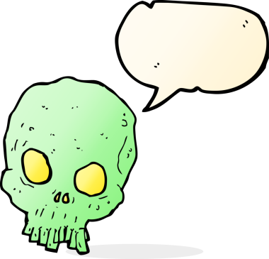 Bir insan tarafından çizilmiş konuşma baloncuğu olan karikatürümsü kafatası.