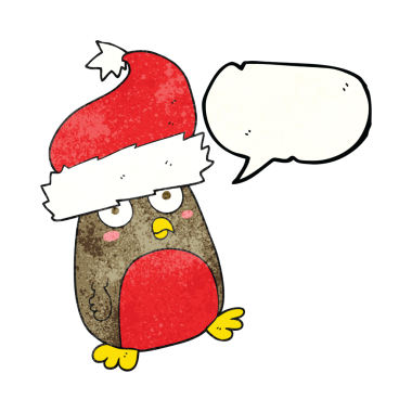 Serbest konuşma balonu desenli bir karikatür noel robin bir insan tarafından çizilmiş noel şapkası