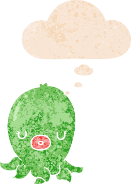 grunge 'da düşünce baloncuğu olan çizgi film ahtapotu bir insan tarafından çizilmiş dertli retro dokuma tarzı.