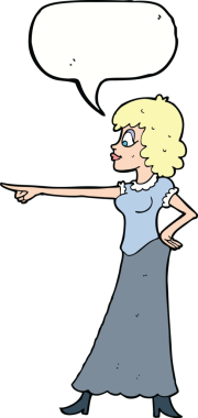 Bir insan tarafından çizilmiş konuşma balonuyla işaret eden çizgi film kadını.