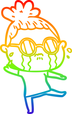 Gökkuşağı gradyan çizgi çizimi. Bir insan tarafından çizilmiş gözlük takan ağlayan bir kadın.