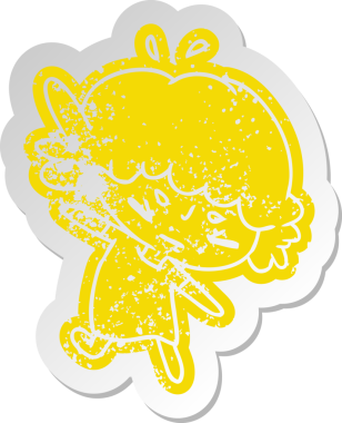 Bir insan tarafından çizilmiş sevimli bir kawai kızının sıkıntılı eski çizgi film çıkartması.