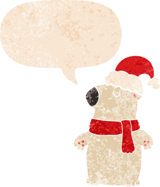 Hoş bir çizgi film noel ayısı, grunge 'da konuşma baloncuğu olan sıkıntılı eski tarz bir insan tarafından çizilmiş.