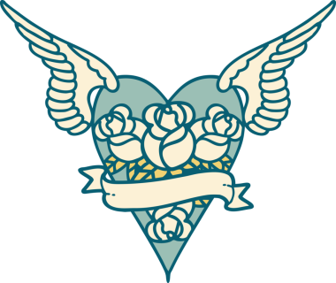 Bir insan tarafından çizilmiş çiçek ve bayrak ile uçan bir kalbin ikonik dövme görüntüsü