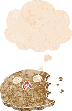 Düşünce baloncuklu çizgi film kurabiyesi grunge sıkıntılı retro desenli bir insan tarafından çizilmiş