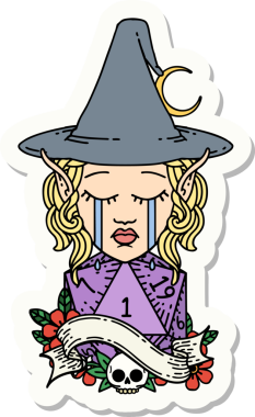 Ağlayan Elf Büyücüsü karakterinin çıkartması. İnsan tarafından çizilmiş doğal bir D20 ruloyla.