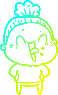 Bir insan tarafından çizilmiş, mutlu, yaşlı bir kadının çizimi.