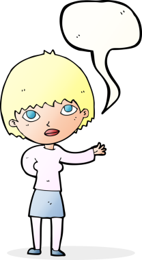 Bir insan tarafından çizilen konuşma baloncuğuyla açıklayan çizgi film kadını.