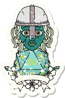 Retro Dövme Tarzı Yarı Ork Dövüşçüsü Bir insan tarafından çizilmiş doğal yirmi zar atışıyla