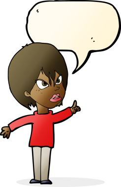 Bir insan tarafından çizilen konuşma baloncuğuyla tartışan çizgi film kadını.