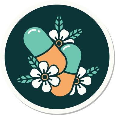 Bir insan tarafından çizilmiş geleneksel hap ve çiçek stili dövme çıkartması.