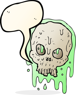 Bir insan tarafından çizilmiş konuşma baloncuklu yapışkan kafatası.