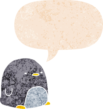 Grunge 'da konuşma baloncuğu olan sevimli çizgi film pengueni bir insan tarafından çizilmiş tedirgin, desenli bir resim.